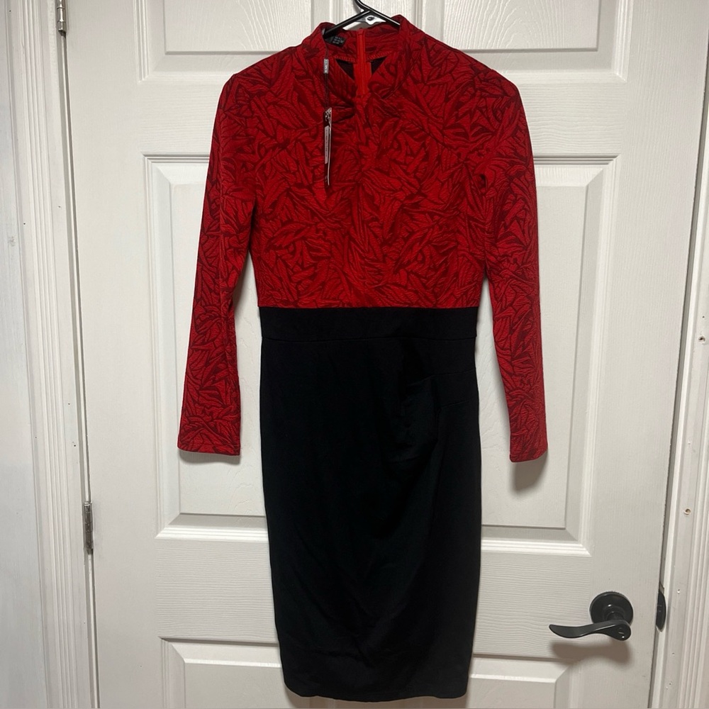 NWT Homeyee Womens Long Sleeve Bodycon Dress Red Black Size 6